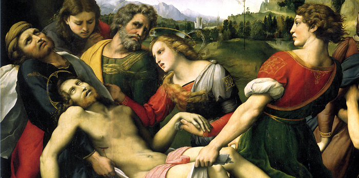 Kristur frur  grf sna. Hluti r mlverki Raphael sem hangir  Galleria Borghese  Rm.